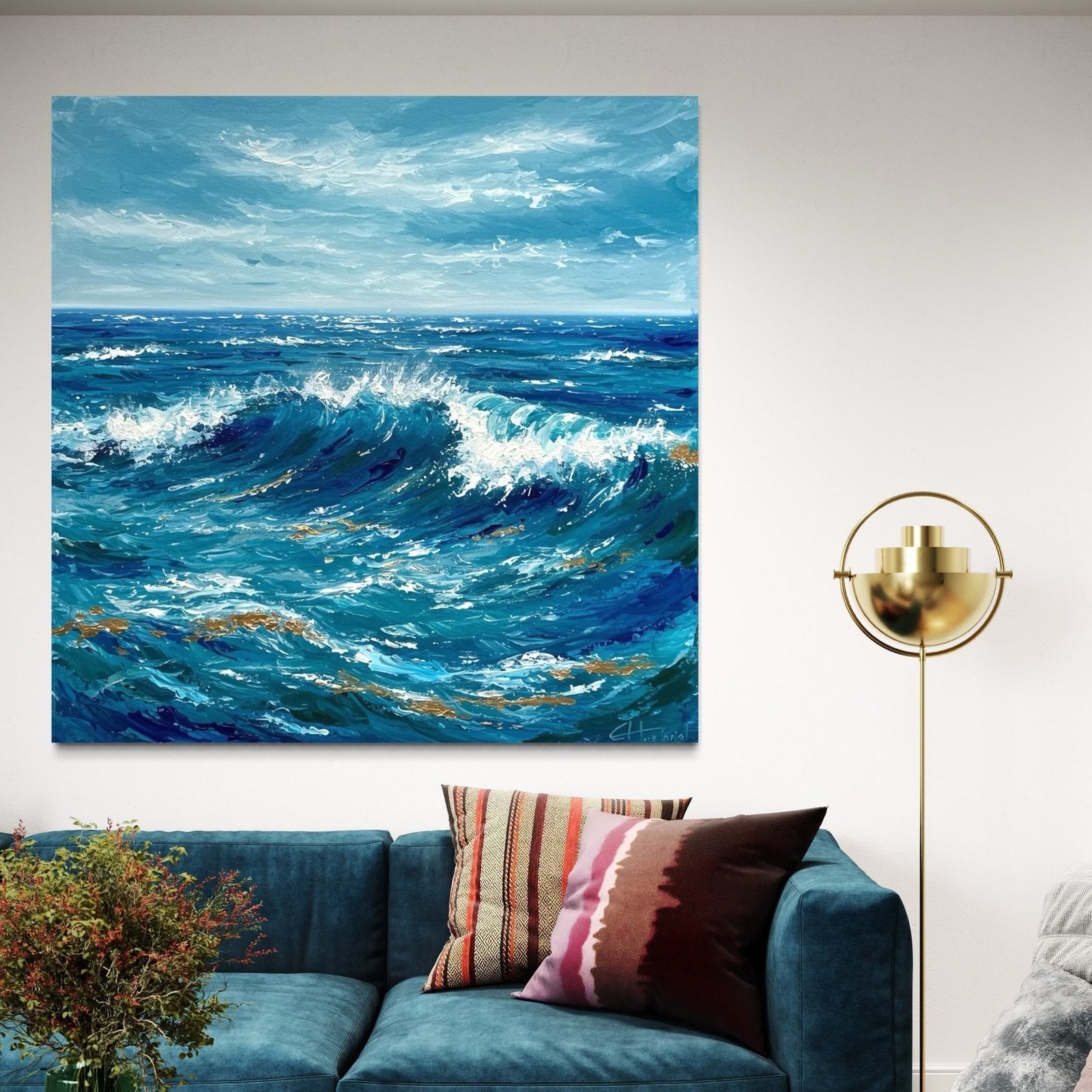 Sapphire Surge: A Textured Coastal Ocean Canvas Painting with Gold Accents