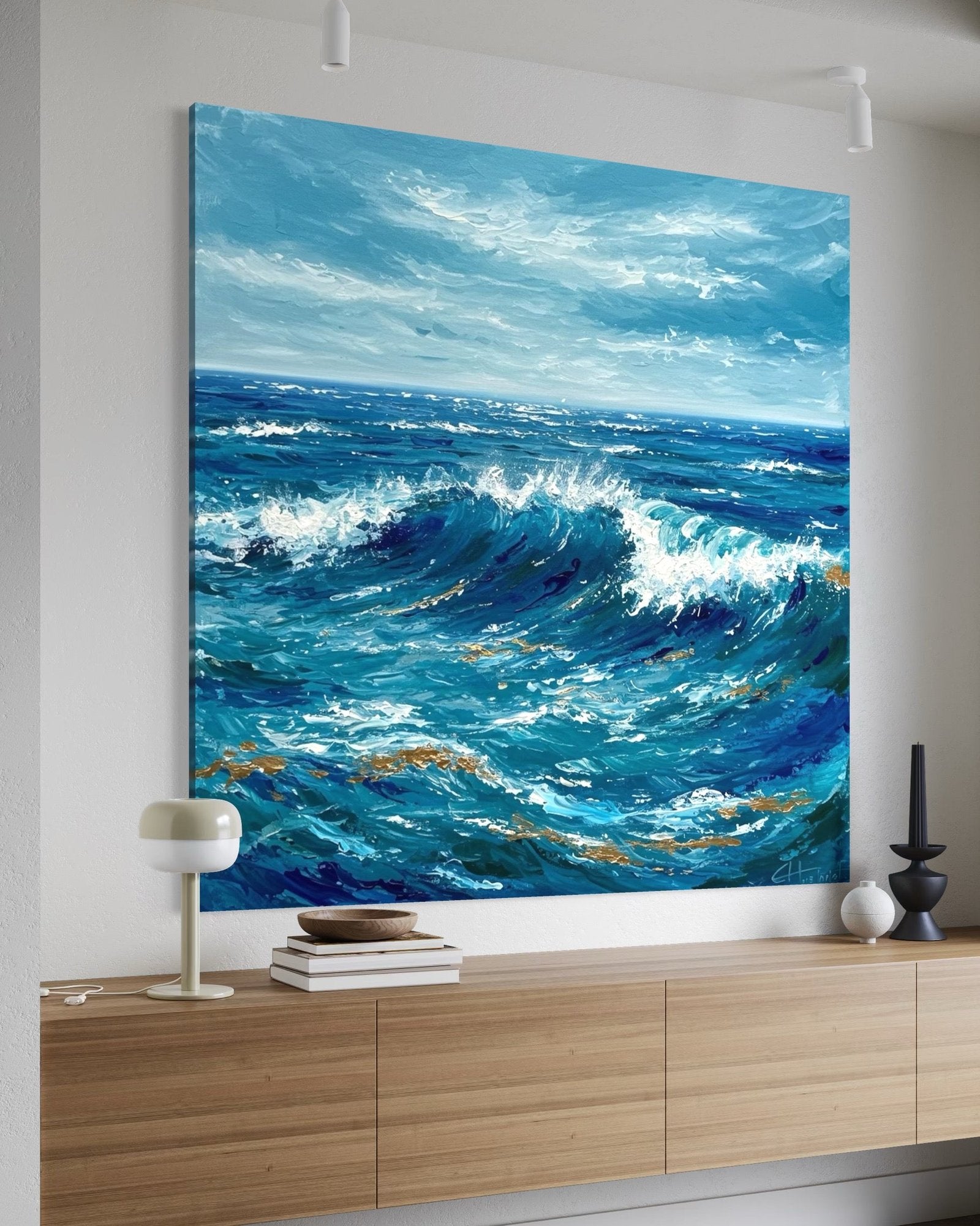 Sapphire Surge: A Textured Coastal Ocean Canvas Painting with Gold Accents