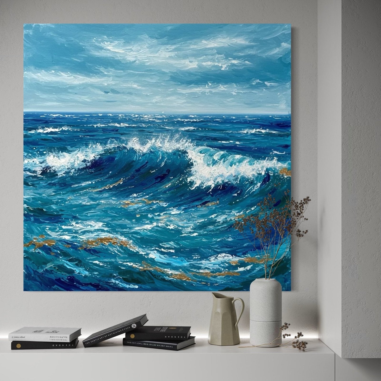 Sapphire Surge: A Textured Coastal Ocean Canvas Painting with Gold Accents