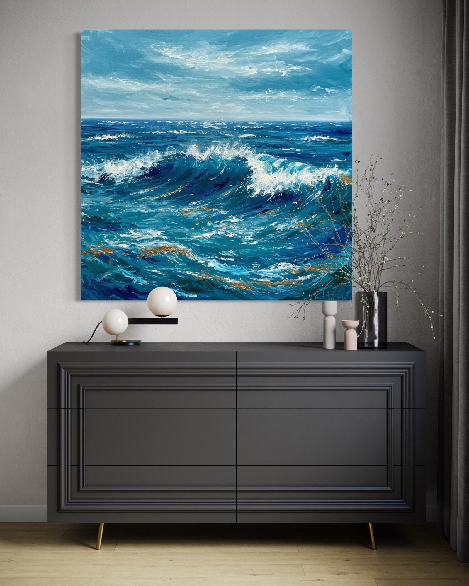 Sapphire Surge: A Textured Coastal Ocean Canvas Painting with Gold Accents