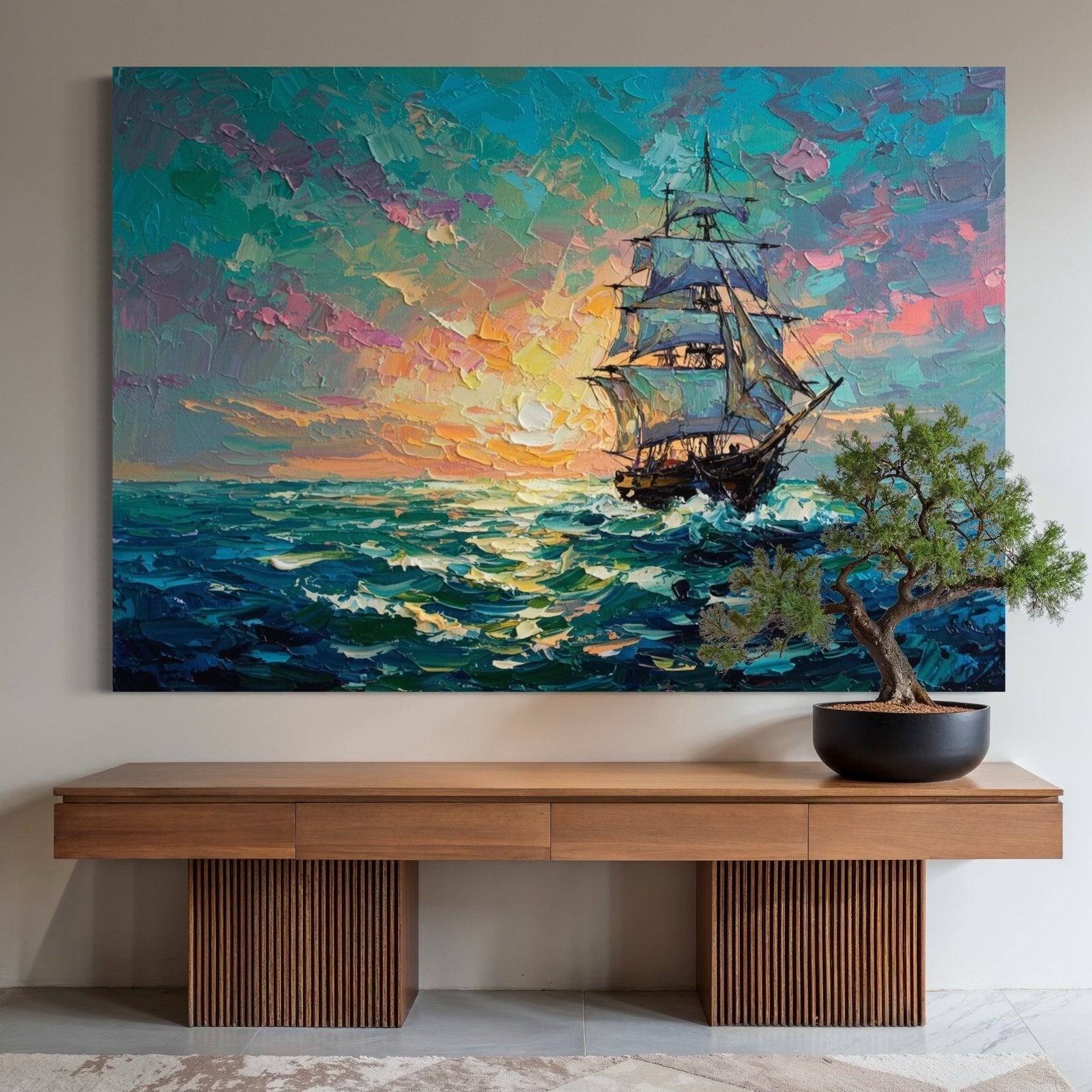 Voyage into Light: A Vibrant Nautical Ocean Canvas Painting