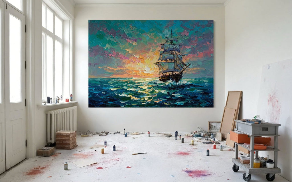 Voyage into Light: A Vibrant Nautical Ocean Canvas Painting