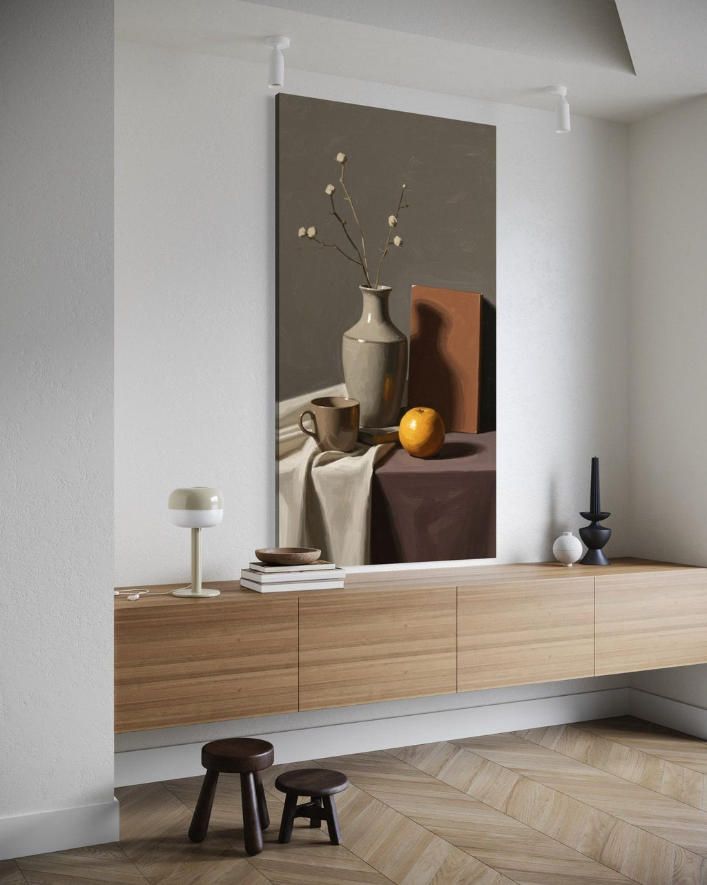 Golden Orange: A Modern Still Life of Fruit Paintings for Kitchen Decor