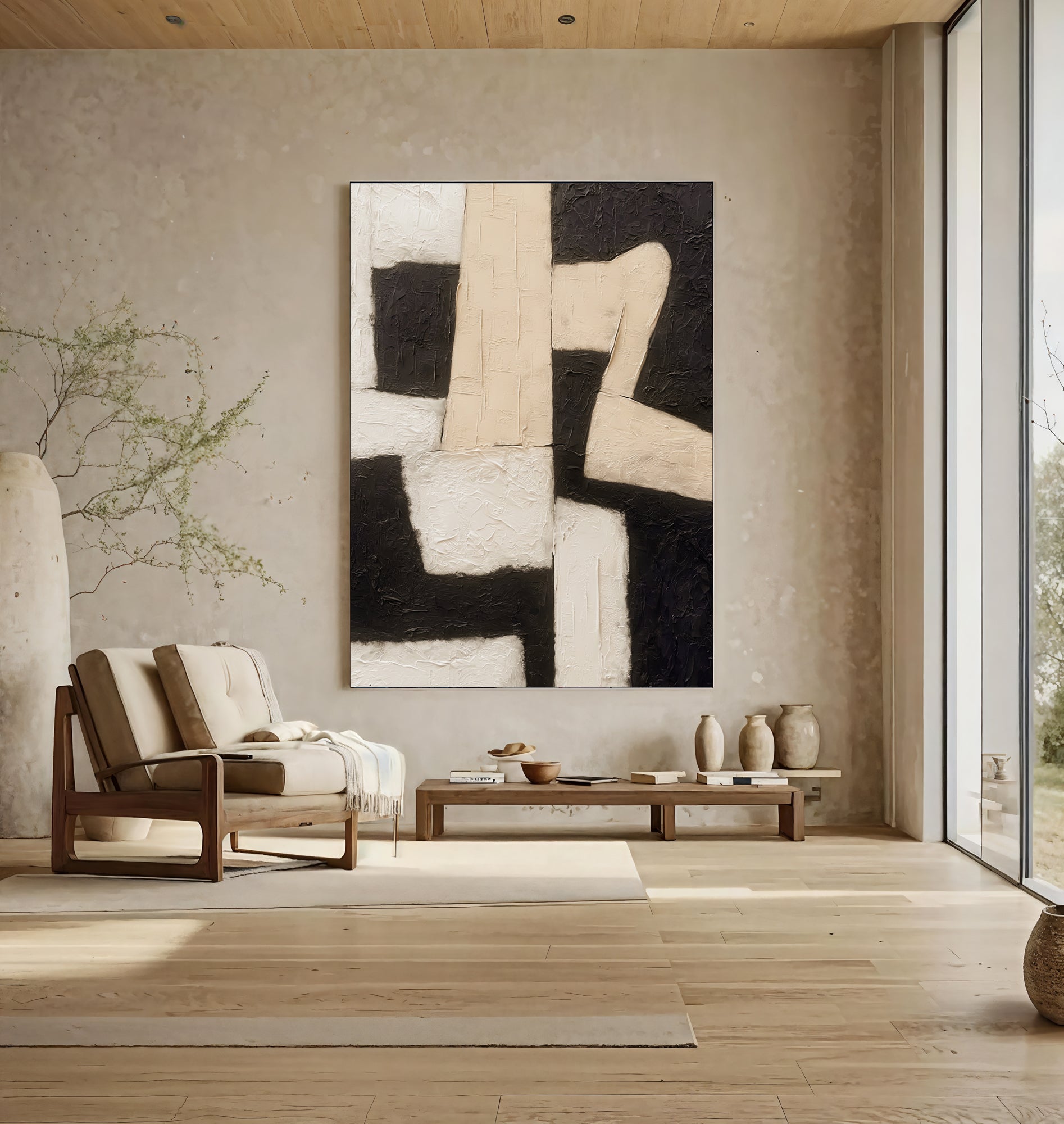 Geometric Figure – Black & Beige Abstract Painting