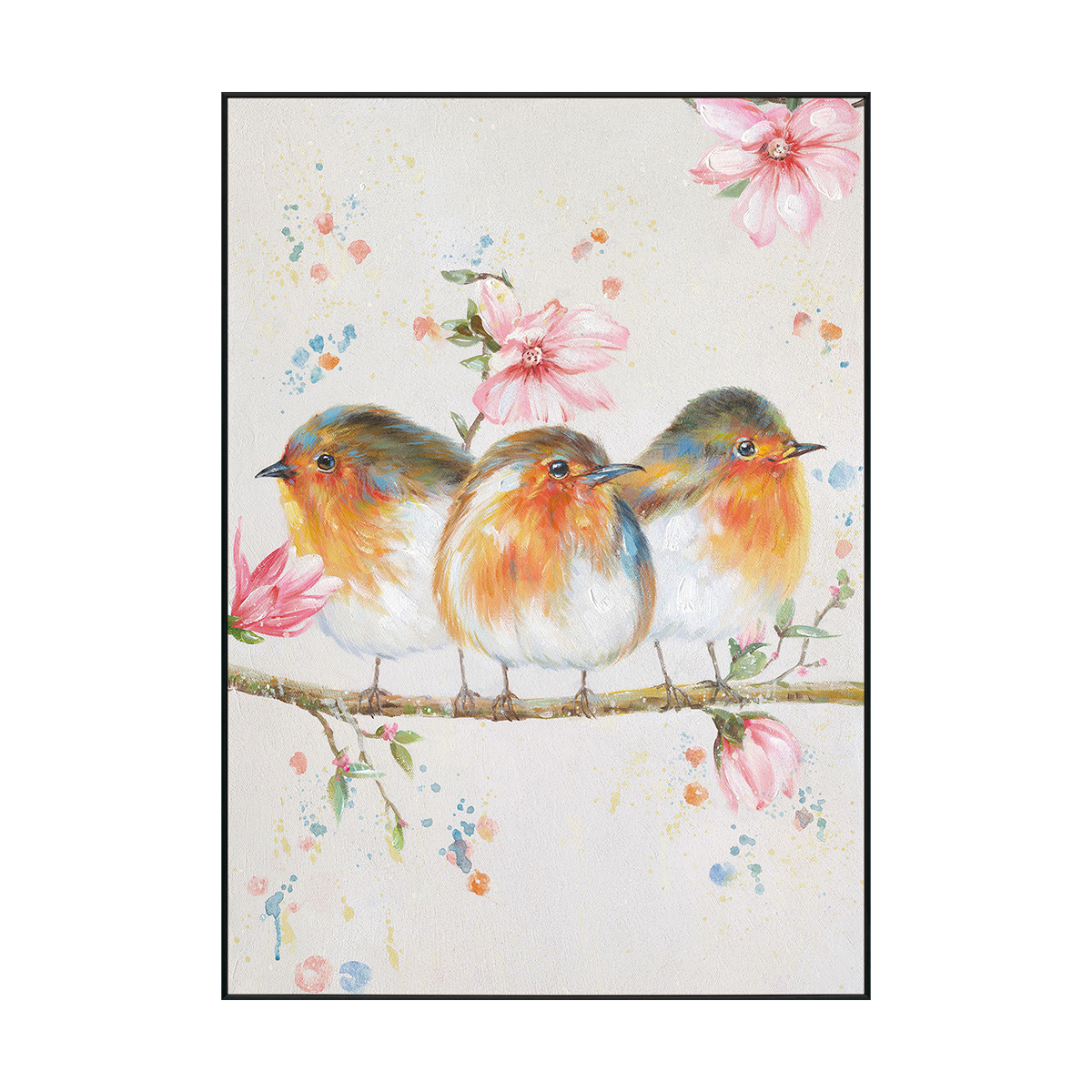 Spring Companions Three Birds Floral Painting #J2626