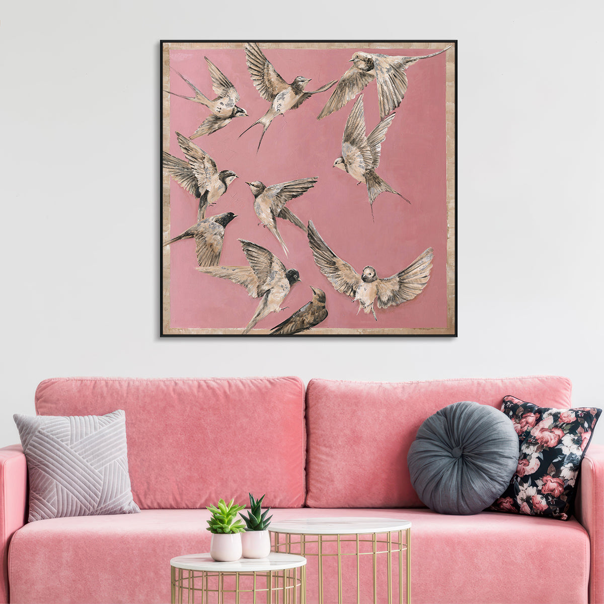Swallows in Flight Pink Painting #J3555