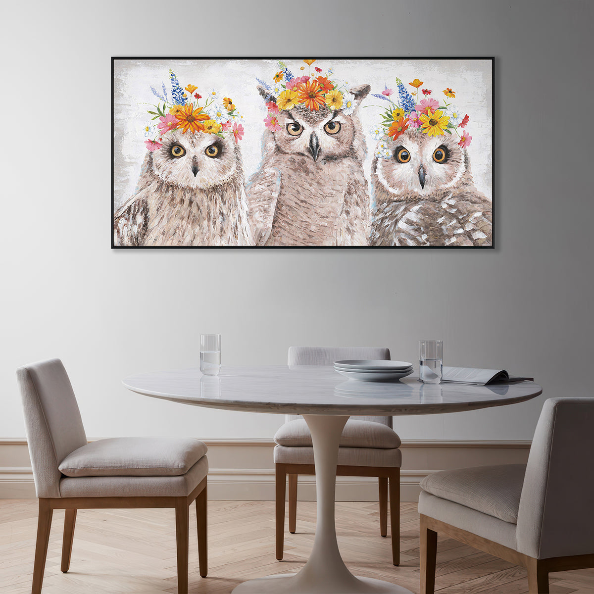 Floral Crown Owls Painting #J3583