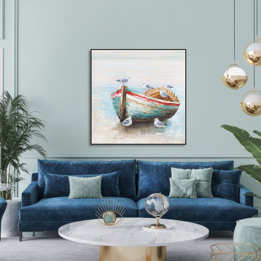 Seagulls on Old Boat Painting #J3609