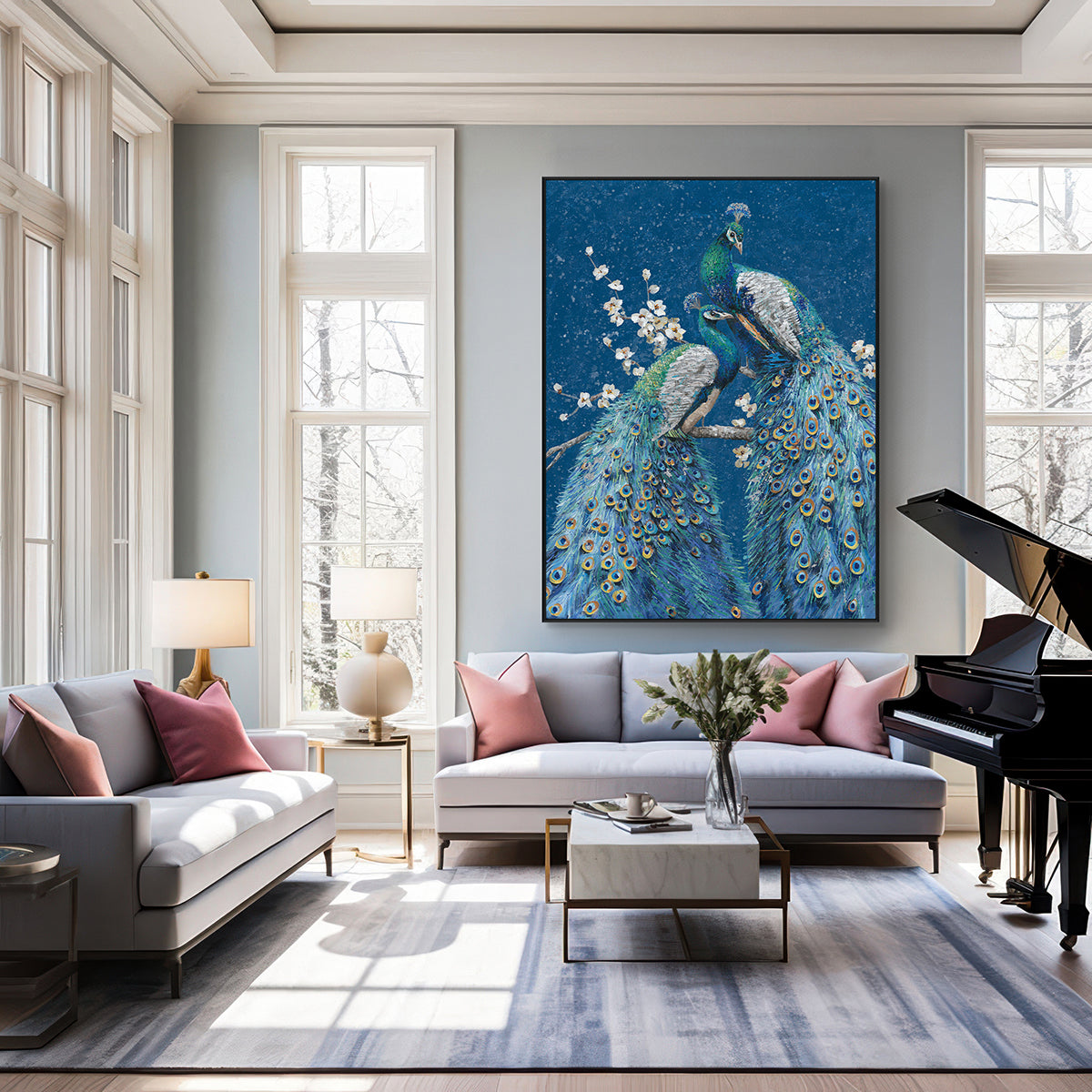 Moonlit Blue Peacocks Painting #J3612