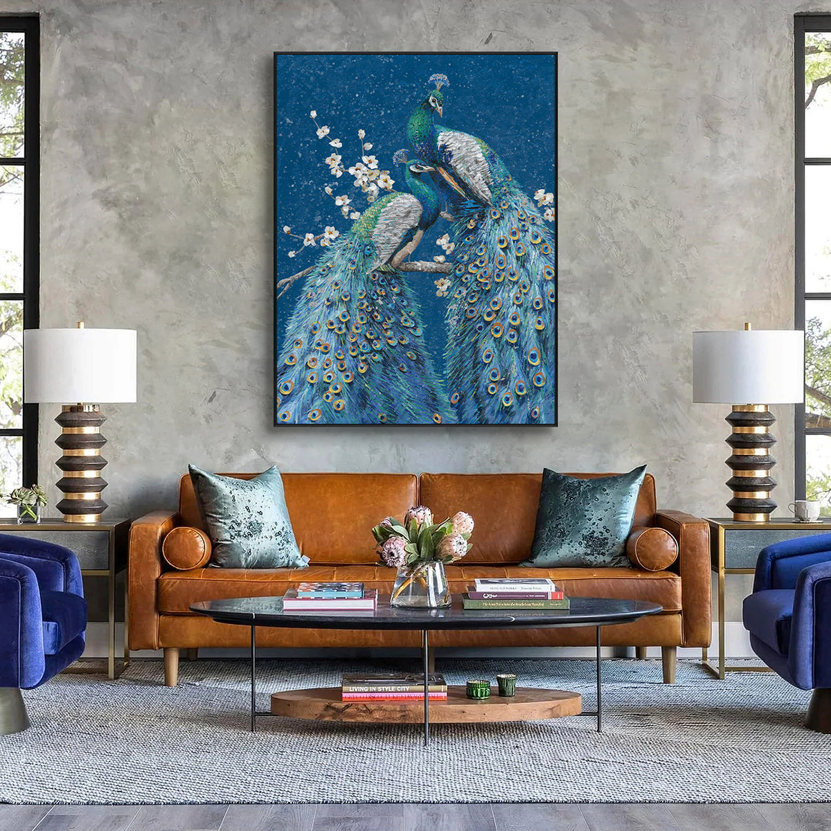 Moonlit Blue Peacocks Painting #J3612