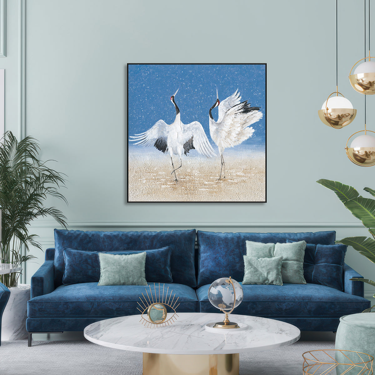 Dancing Cranes Blue Abstract Painting #J3616