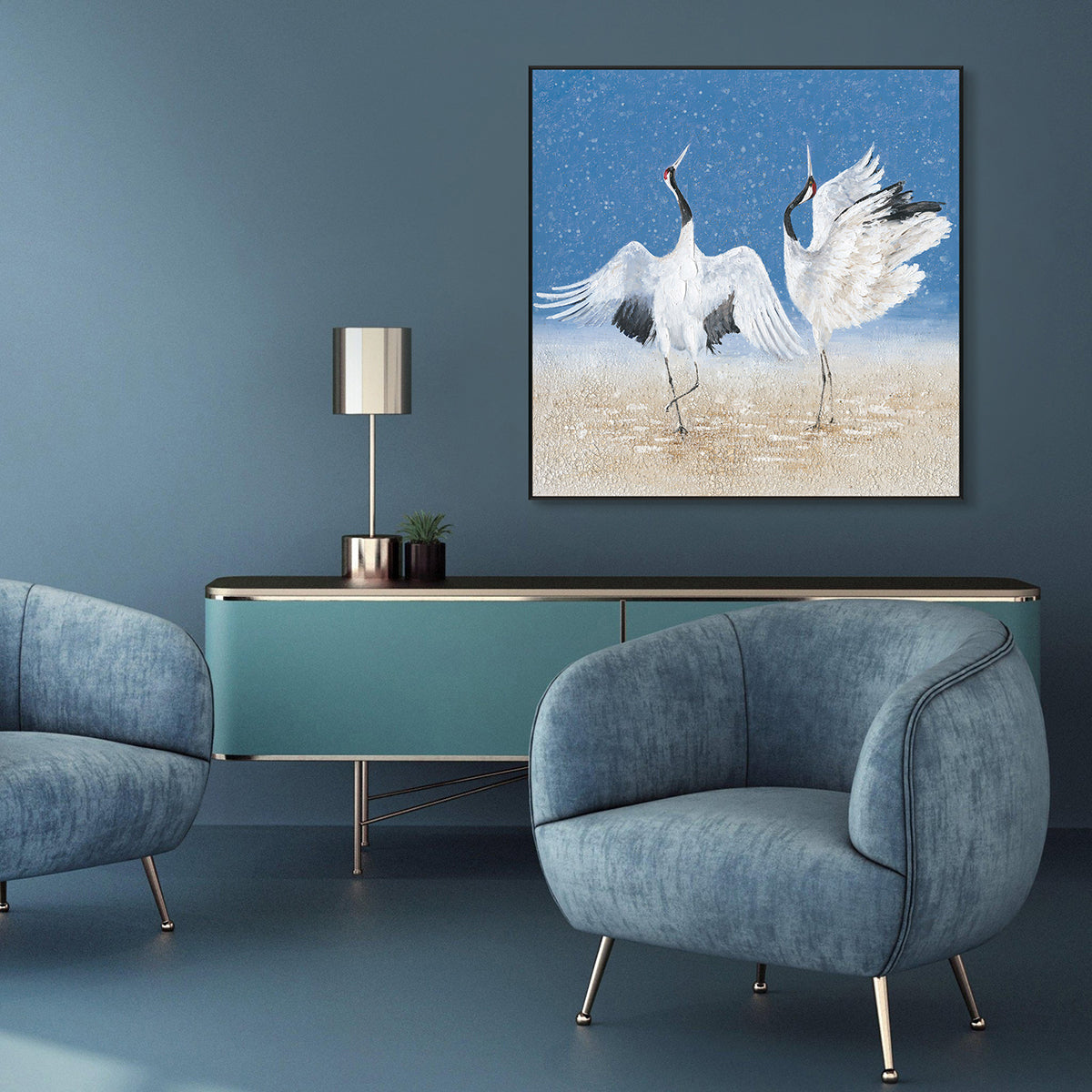 Dancing Cranes Blue Abstract Painting #J3616