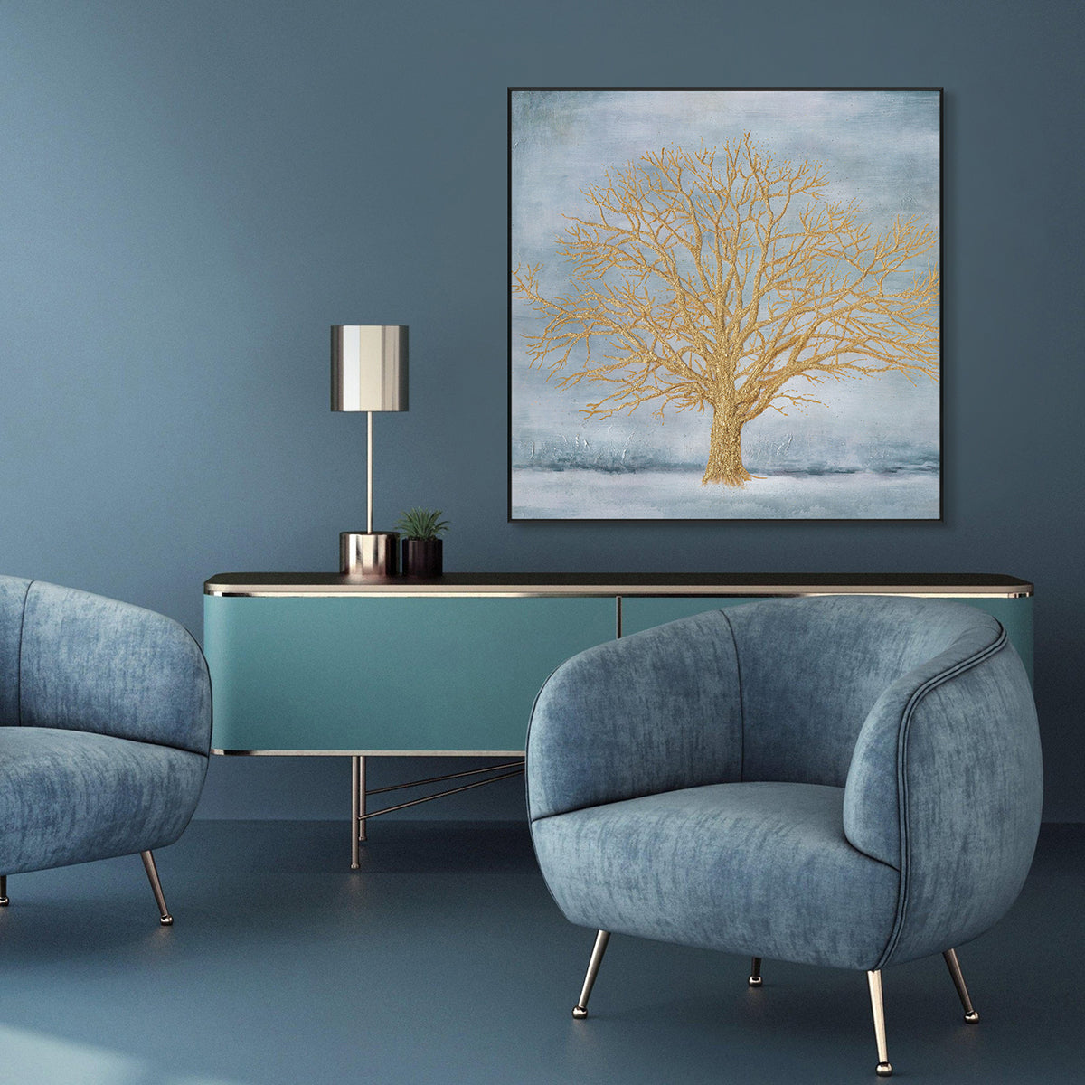 Golden Tree Blue Abstract Painting J4030