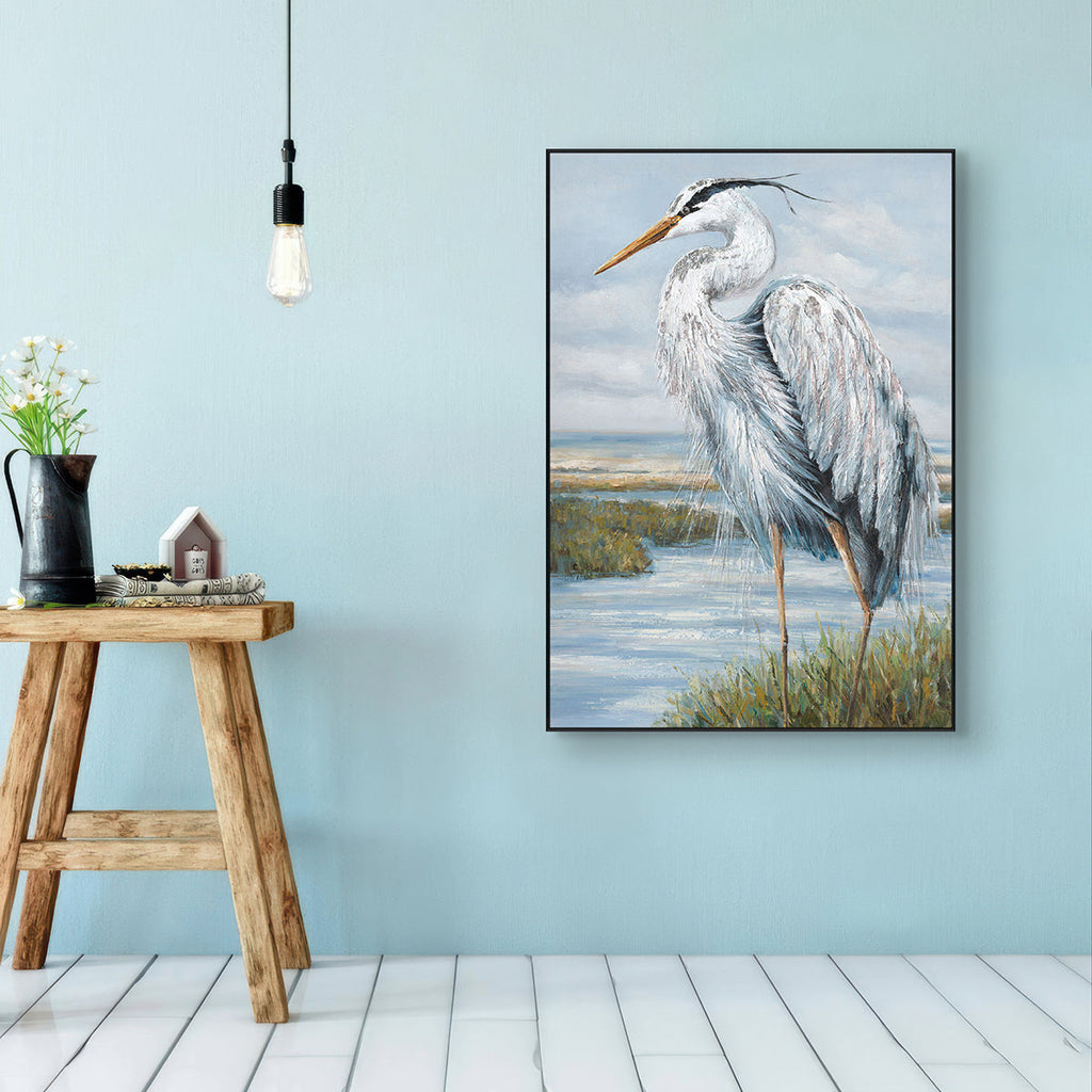 Silver Serenity Heron Bird Painting #K3702