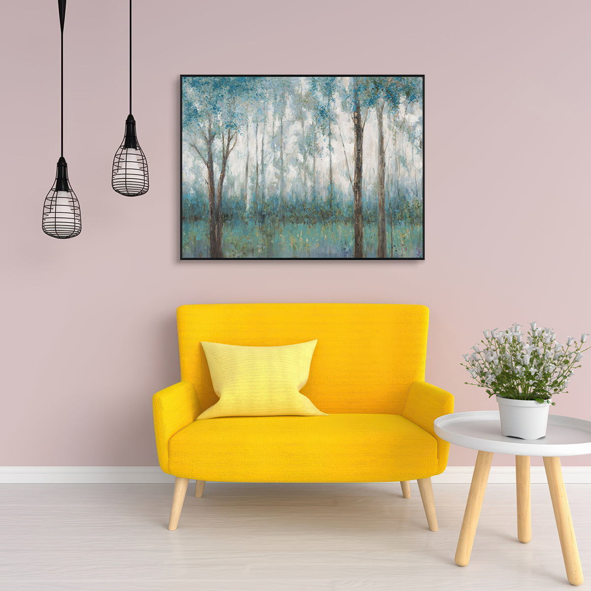 Tranquil Haze Blue Forest Landscape Painting #K3738