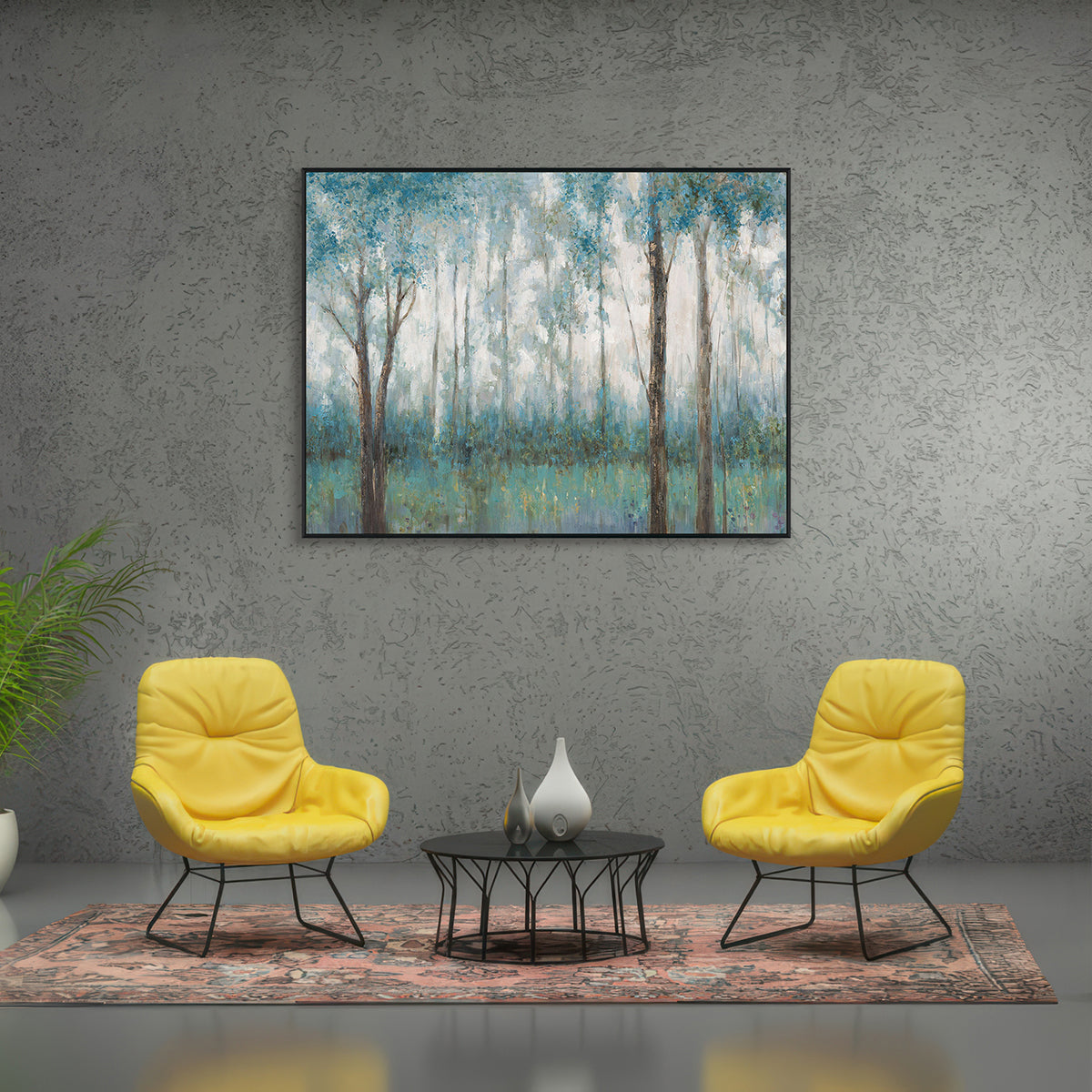 Tranquil Haze Blue Forest Landscape Painting #K3738