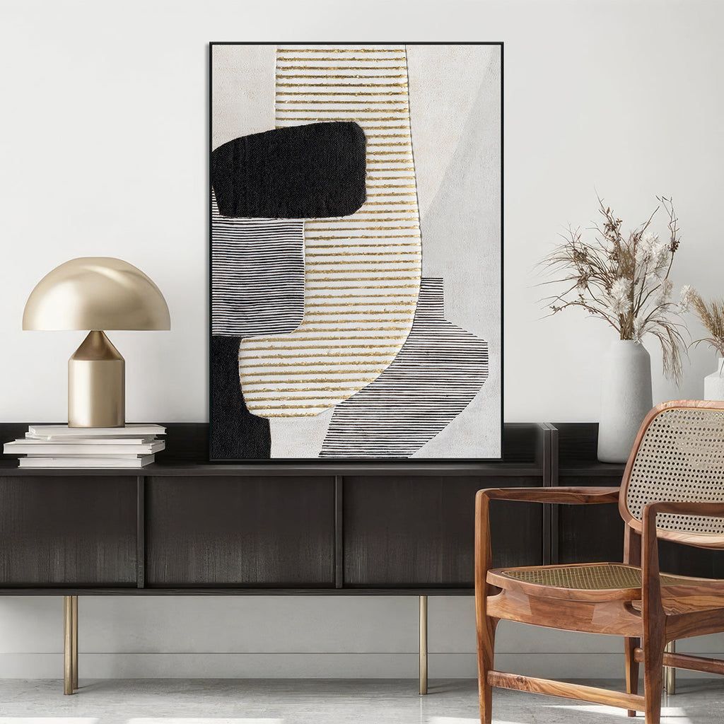 Striped Geometry Black White Gold Abstract #M2517