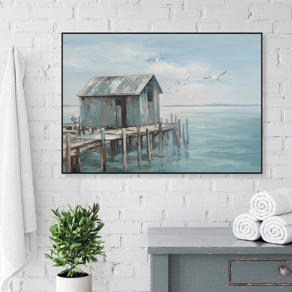 Blue Cottage Seaside Pier Painting #M3678