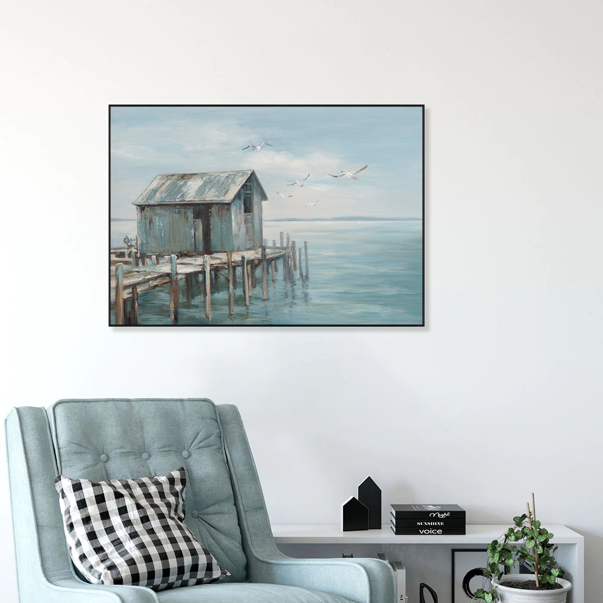 Blue Cottage Seaside Pier Painting #M3678