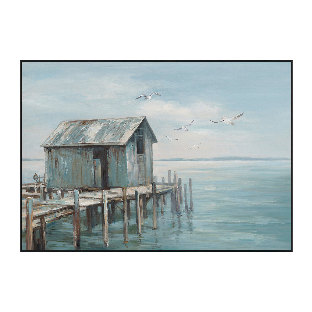 Blue Cottage Seaside Pier Painting #M3678