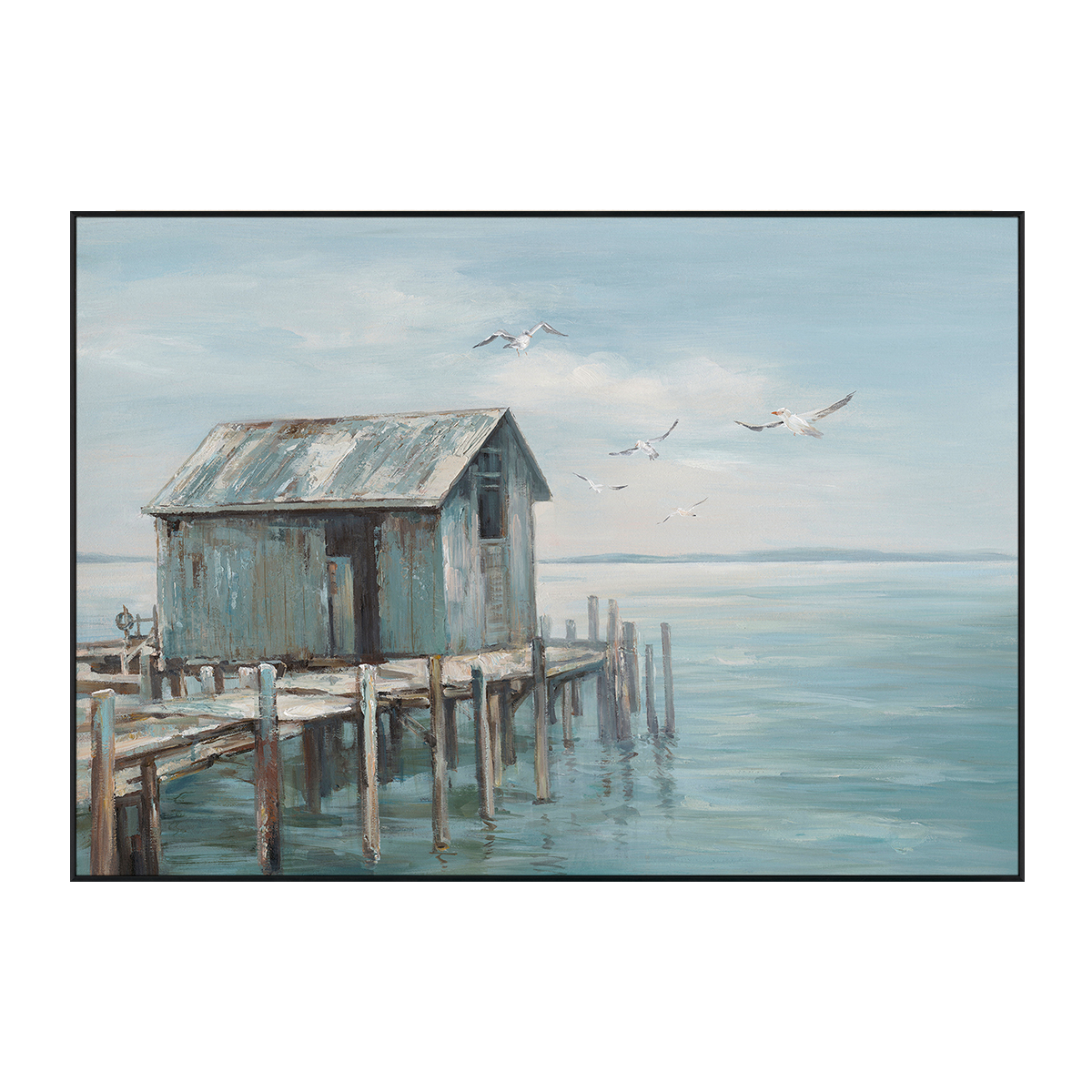 Blue Cottage Seaside Pier Painting #M3678
