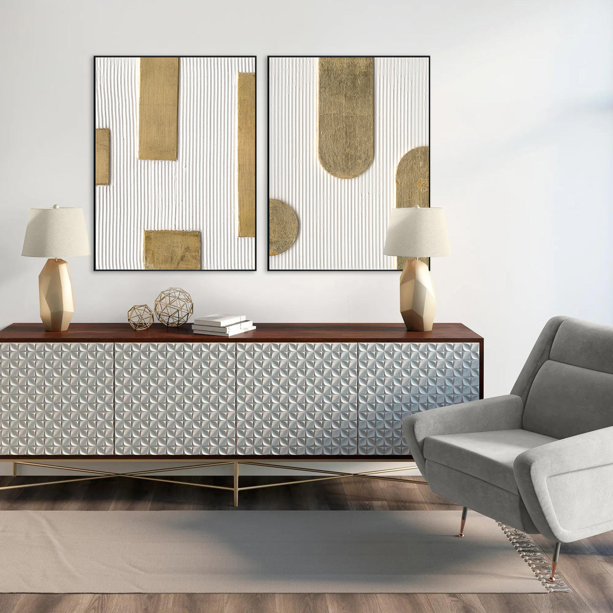 Golden Flow of Light Rounded Geometric Painting #M4676