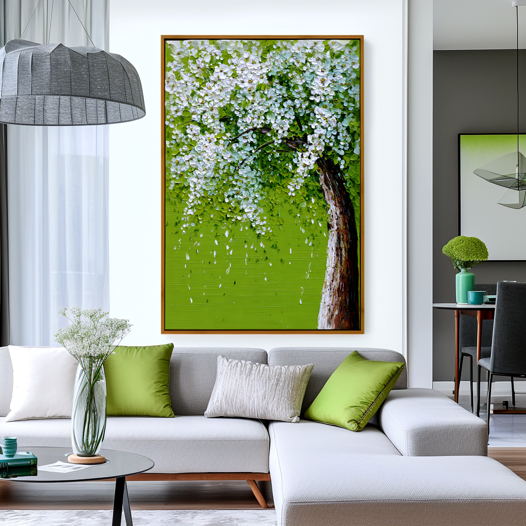 Weeping Blossoms: A Vibrant Textured Tree Canvas Painting for Spring Decor