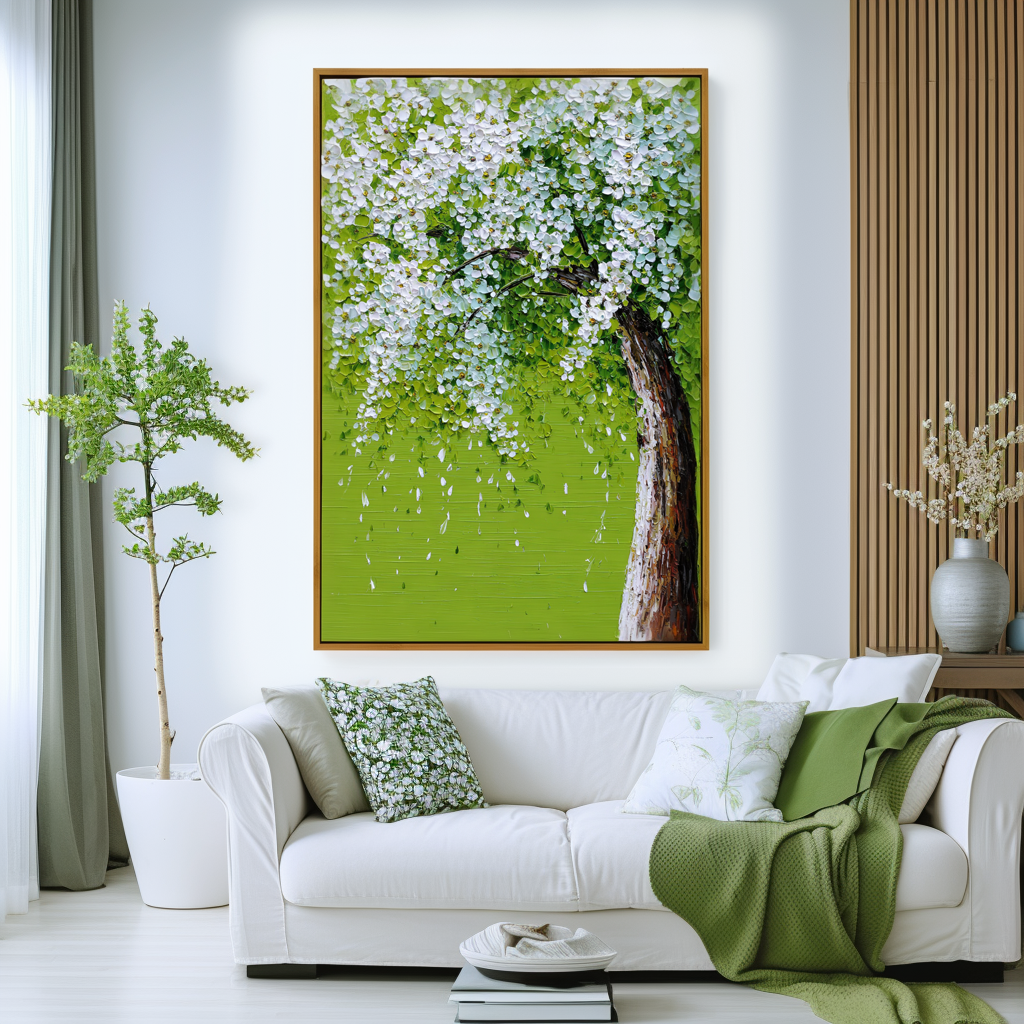 Weeping Blossoms: A Vibrant Textured Tree Canvas Painting for Spring Decor