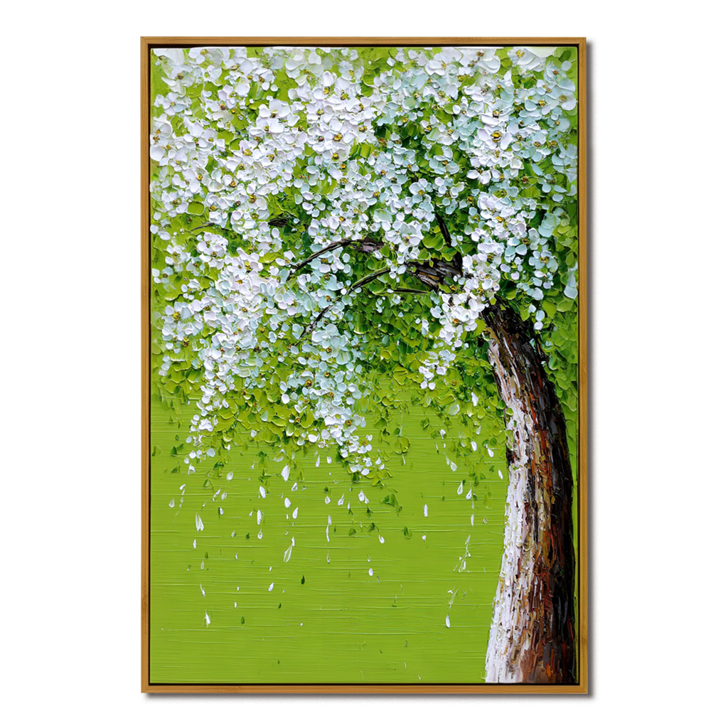 Weeping Blossoms: A Vibrant Textured Tree Canvas Painting for Spring Decor