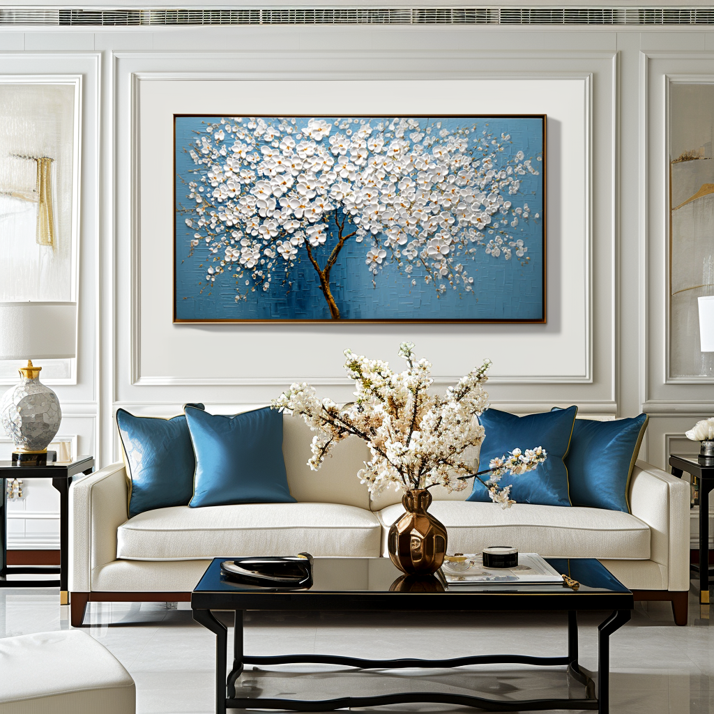 Ivory Blossom Cascade: A Heavily Textured Tree Wall Art in White and Blue