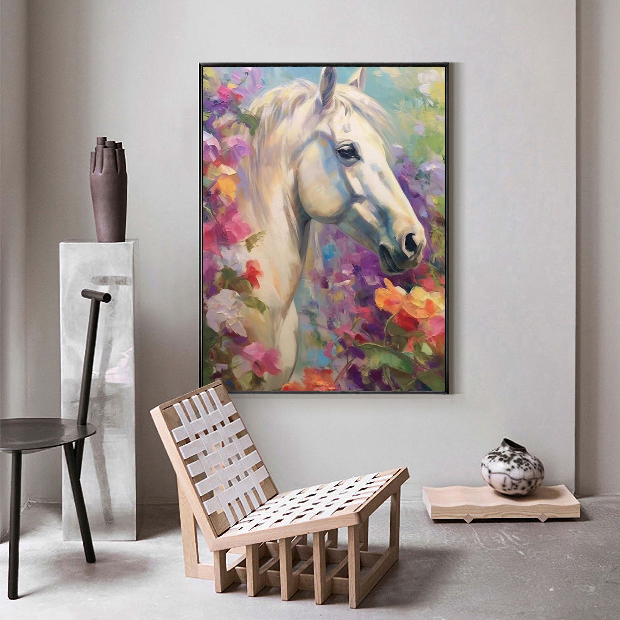 Floral Dream: A Romantic Horse Wall Art for Bedroom Decor