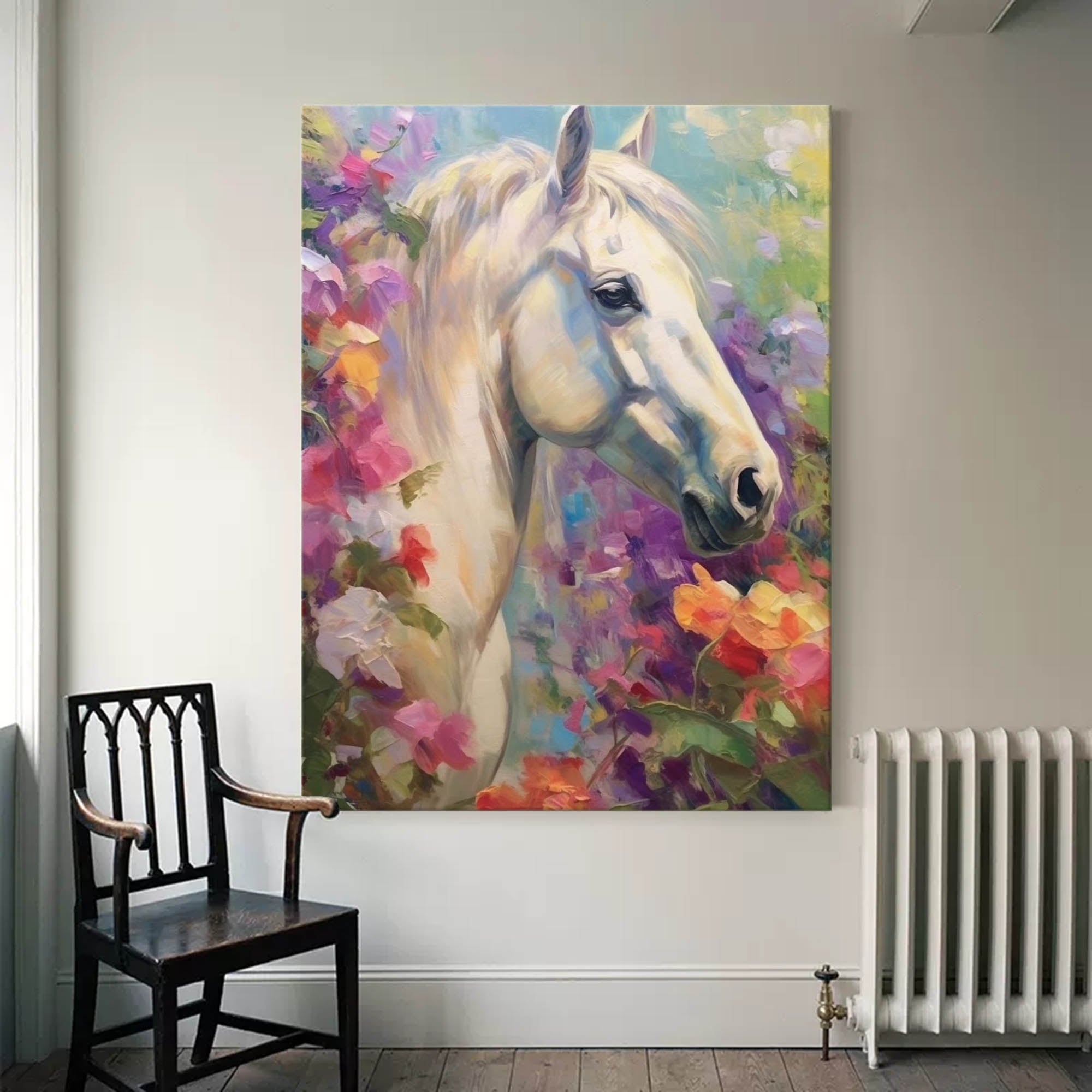 Floral Dream: A Romantic Horse Wall Art for Bedroom Decor