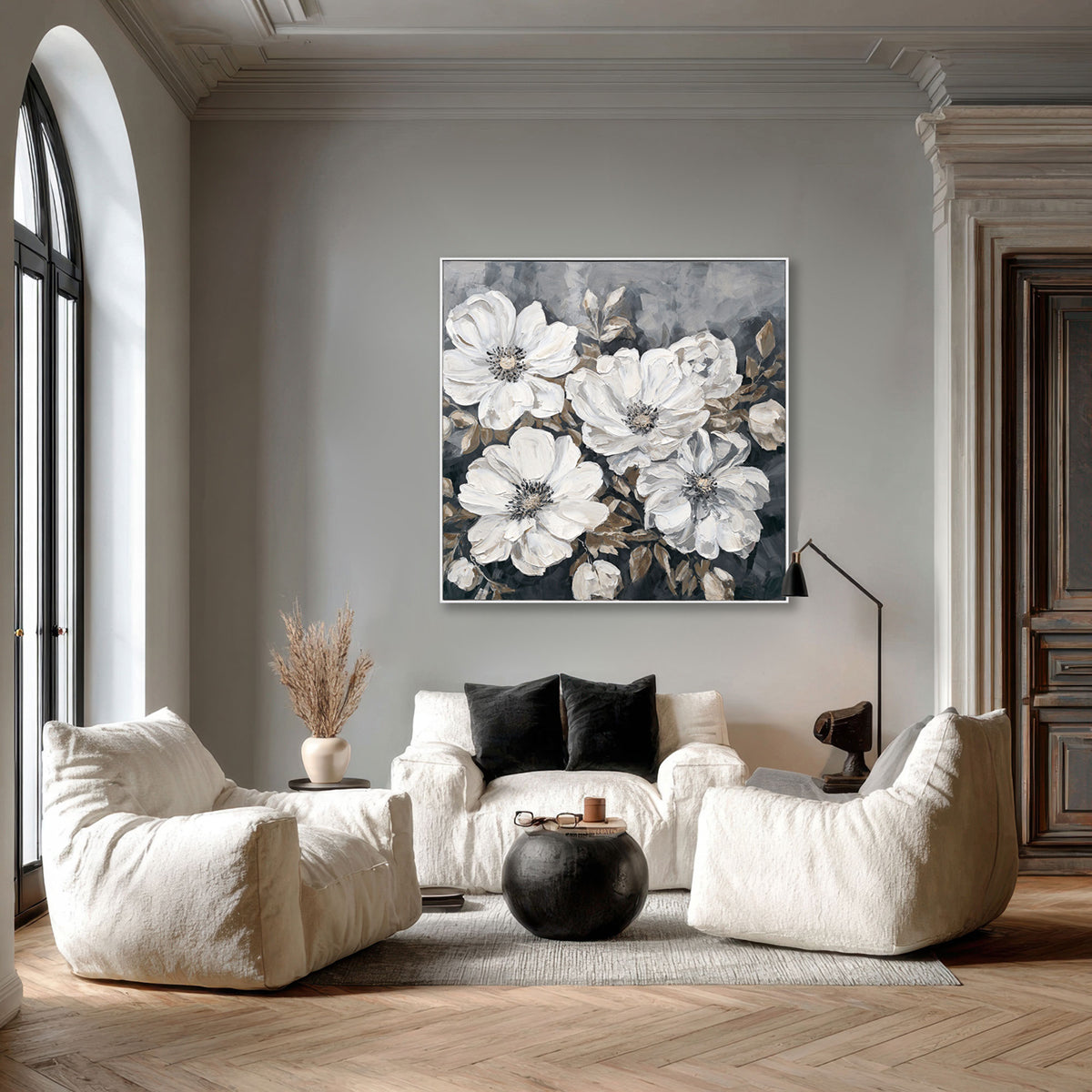 Moonlit Peonies Monochrome Floral Painting #P3501