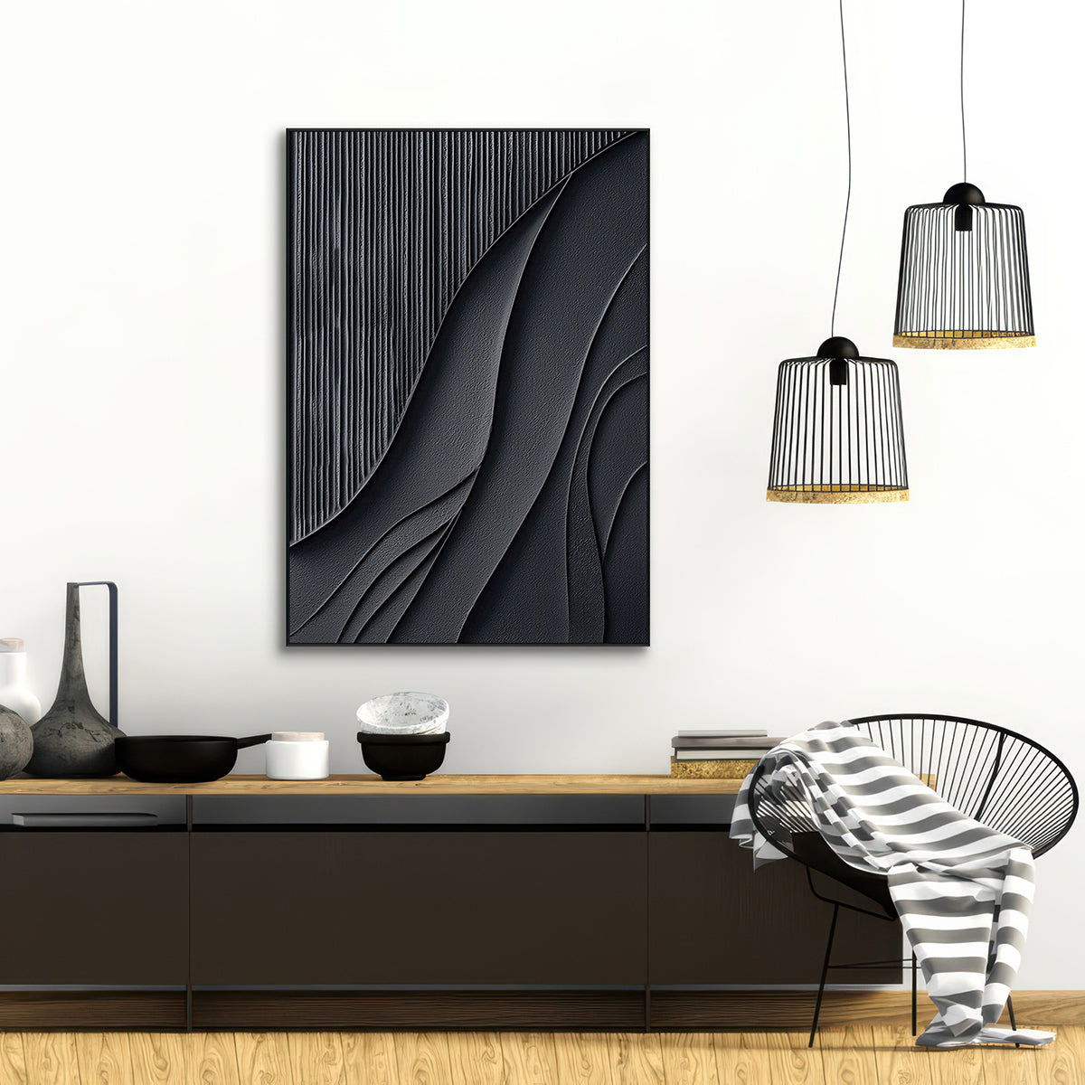 Shadow Flow Black Textured Abstract Painting #PIS6