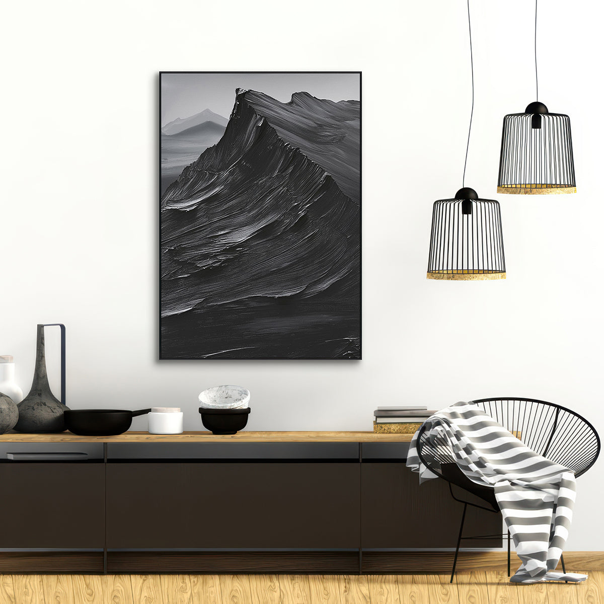 Midnight Ridge Black Textured Mountain Painting #PIS6（94）