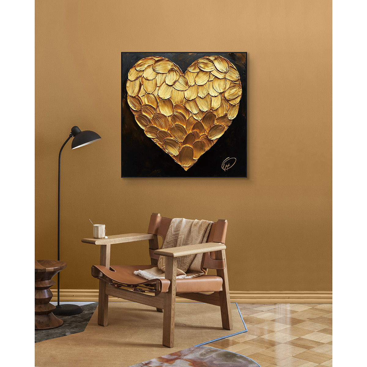 Golden Petal Heart Textured Abstract Painting #PIX8（169）
