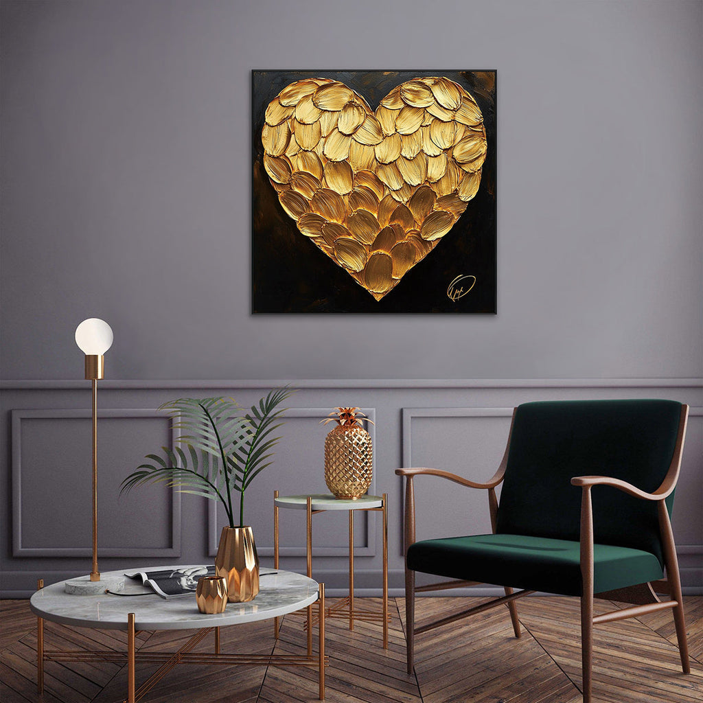 Golden Petal Heart Textured Abstract Painting #PIX8（169）
