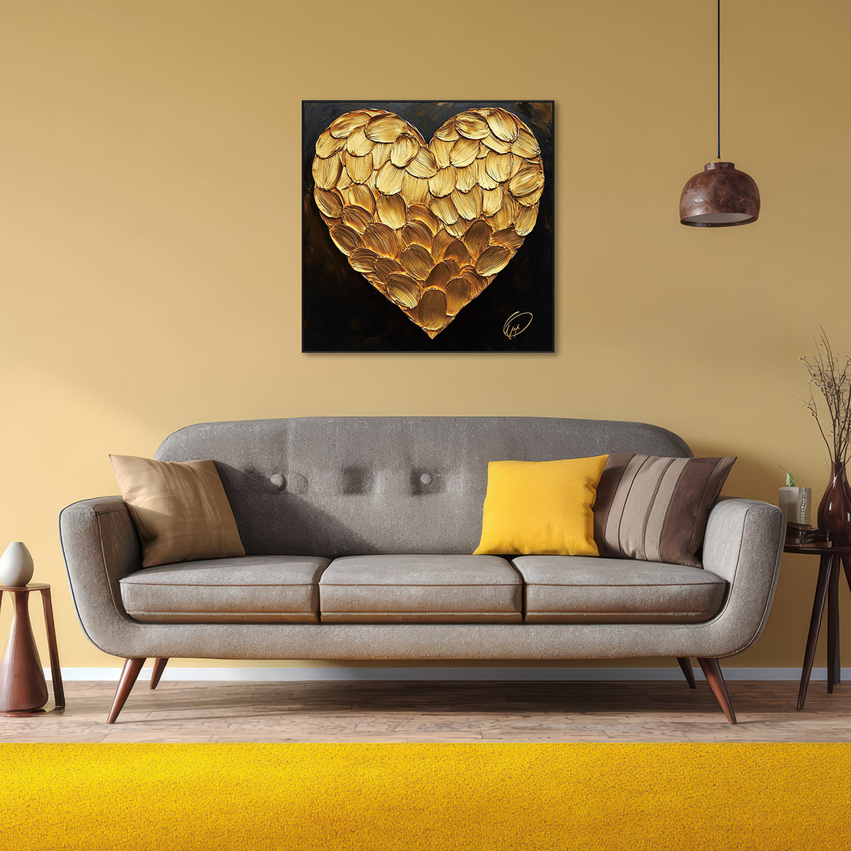 Golden Petal Heart Textured Abstract Painting #PIX8（169）