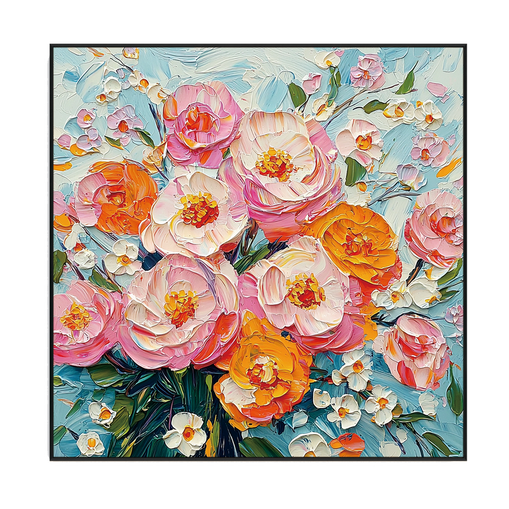 Sunlit Harmony Pink & Orange Floral Textured Painting #RAX2