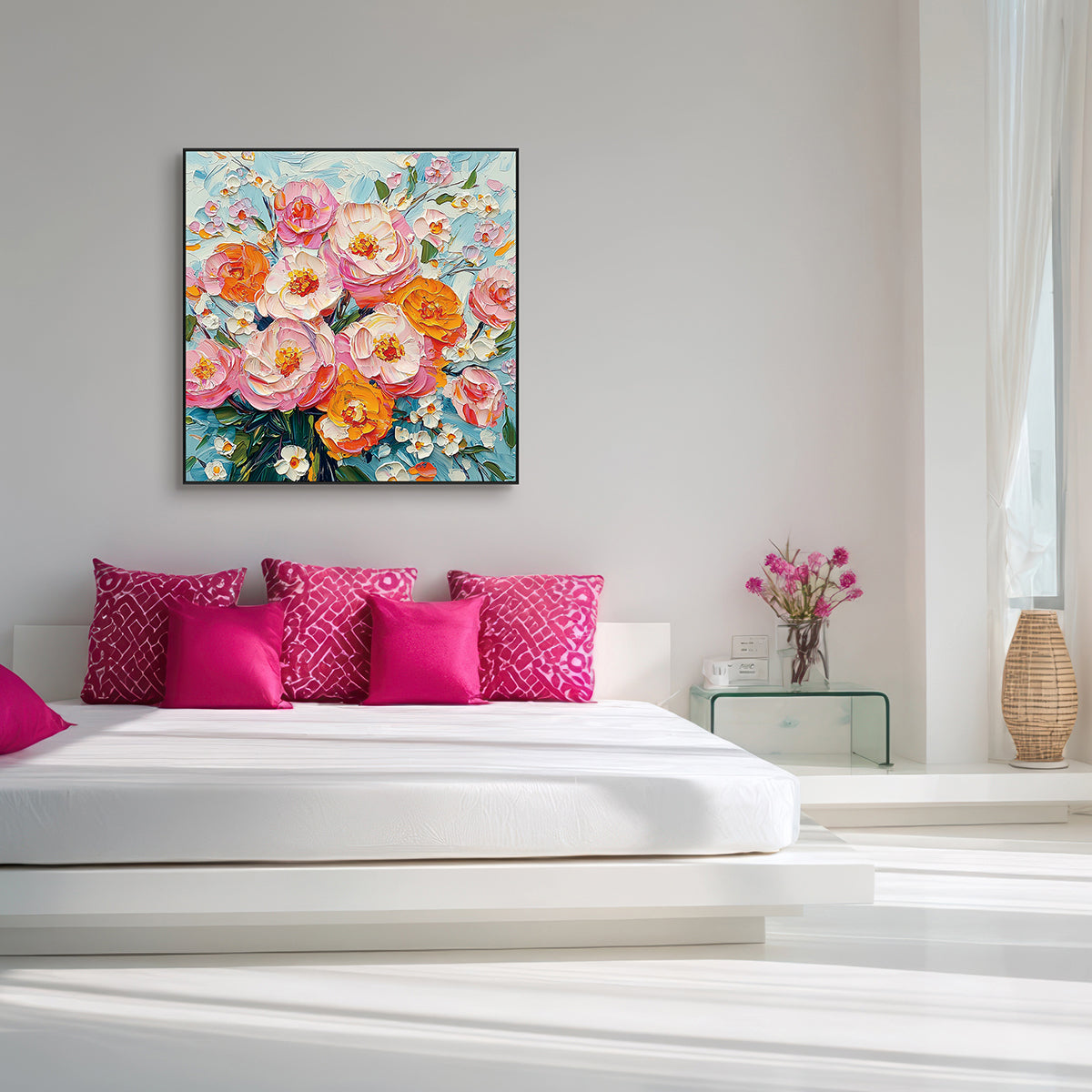 Sunlit Harmony Pink & Orange Floral Textured Painting #RAX2