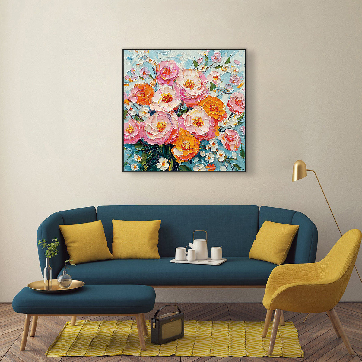 Sunlit Harmony Pink & Orange Floral Textured Painting #RAX2