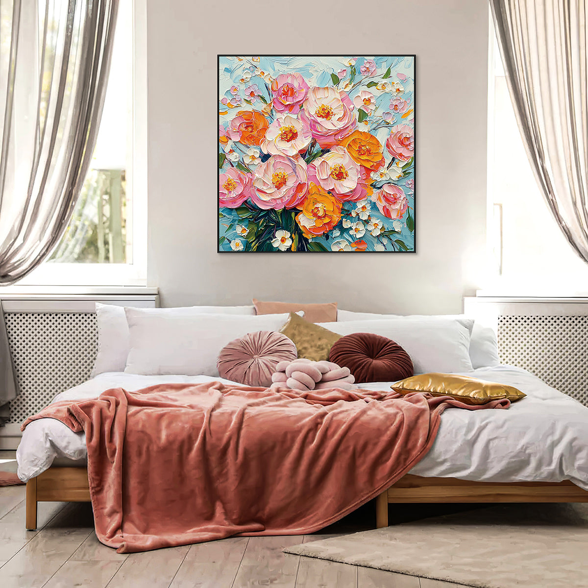 Sunlit Harmony Pink & Orange Floral Textured Painting #RAX2