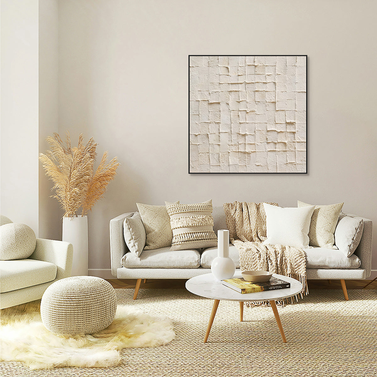 Whisper Grid White Textured Abstract Painting RGH5（43）