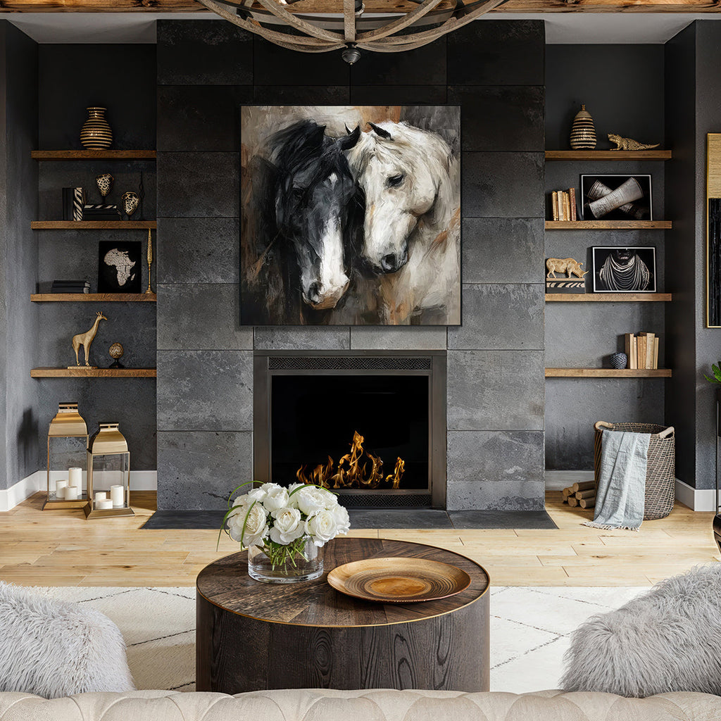 Eternal Bond Black and White Horse Painting #RIX1（473）