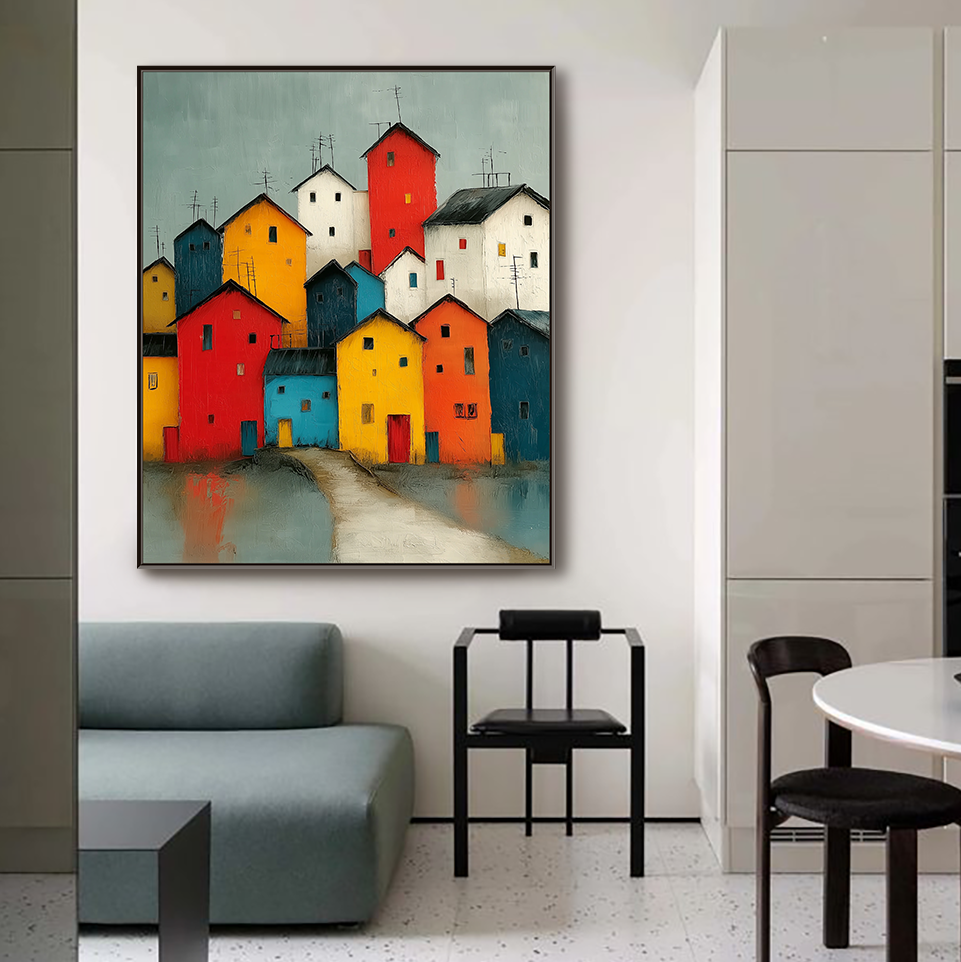 Village Vibrance: A Colorful Contemporary Cityscape Canvas Painting