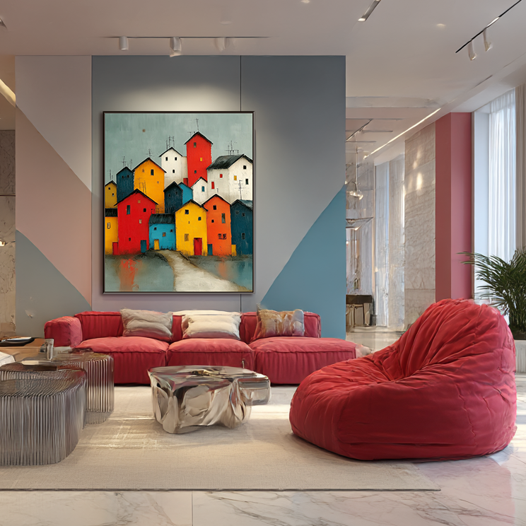Village Vibrance: A Colorful Contemporary Cityscape Canvas Painting