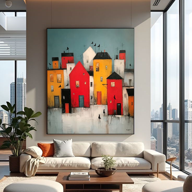 Village Vibrance: A Colorful Contemporary Cityscape Canvas Painting