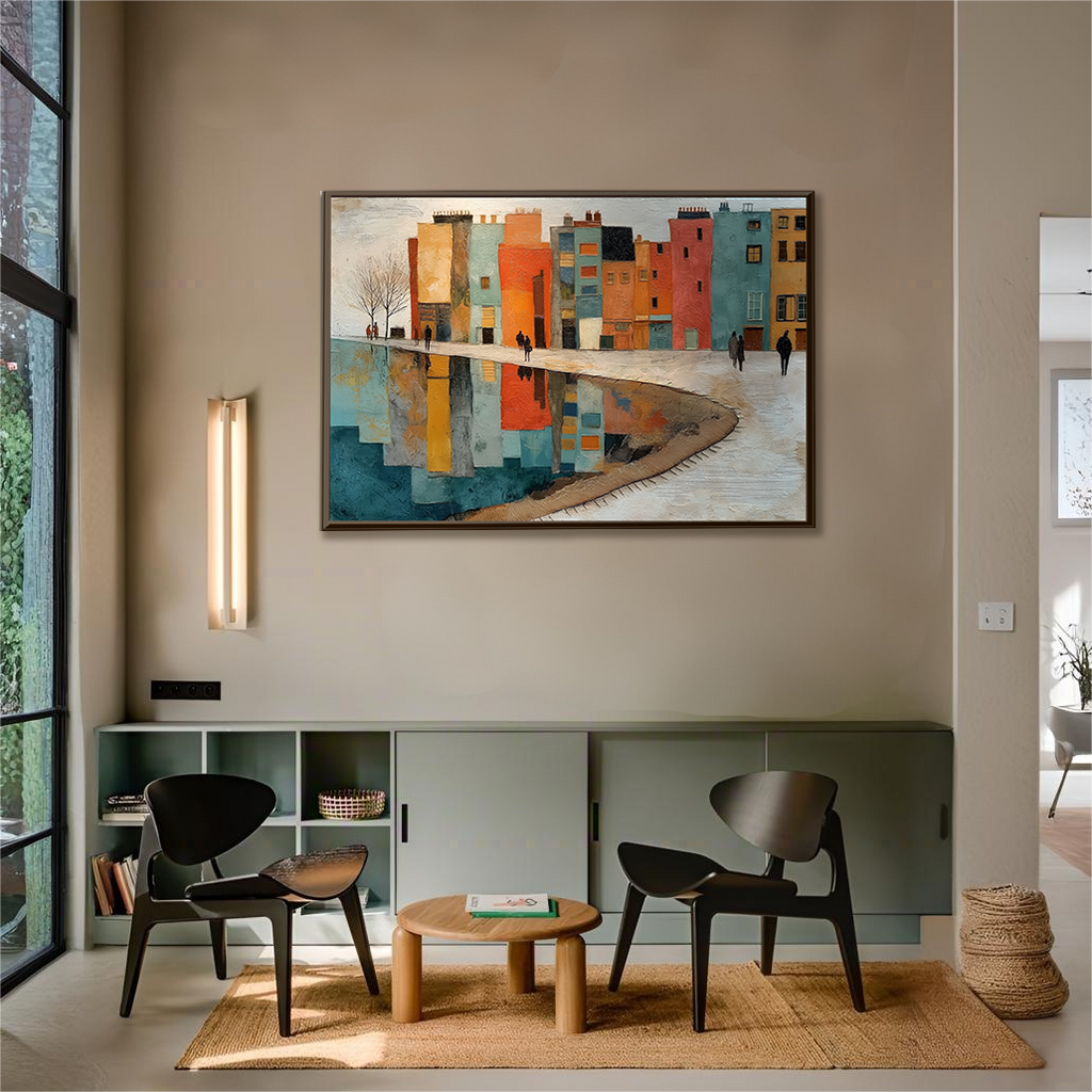 Harbor of Hues: A Vibrant Modern Cityscape Wall Art for Your Living Room