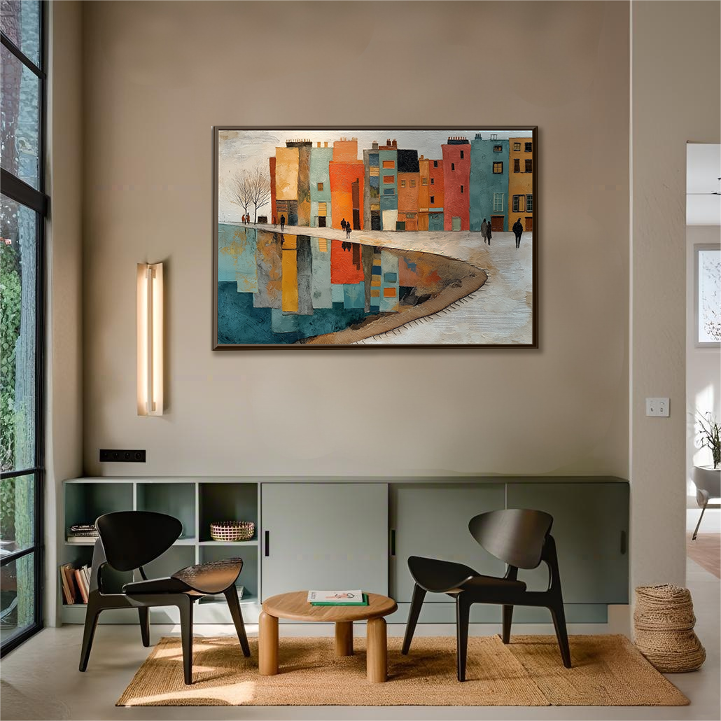 Harbor of Hues: A Vibrant Modern Cityscape Wall Art for Your Living Room