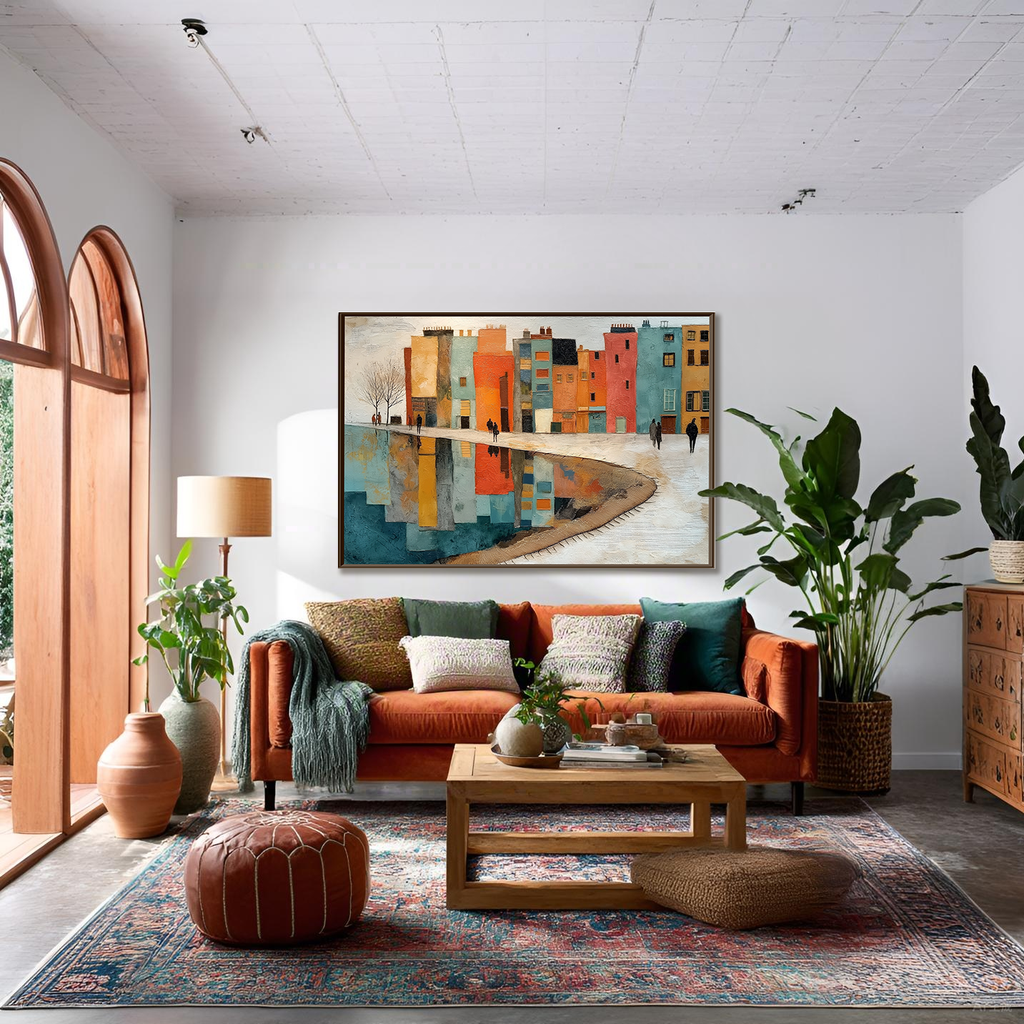 Harbor of Hues: A Vibrant Modern Cityscape Wall Art for Your Living Room